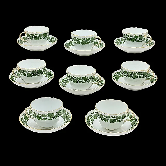 Meissen huit tasses avec soucoupes, décor feuille de vigne, 1er choix, époque Knauf