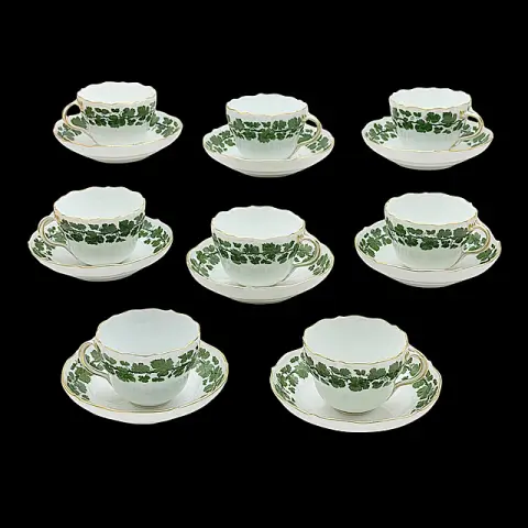 Meissen huit tasses avec soucoupes, décor feuille de vigne, 1er choix, époque Knauf