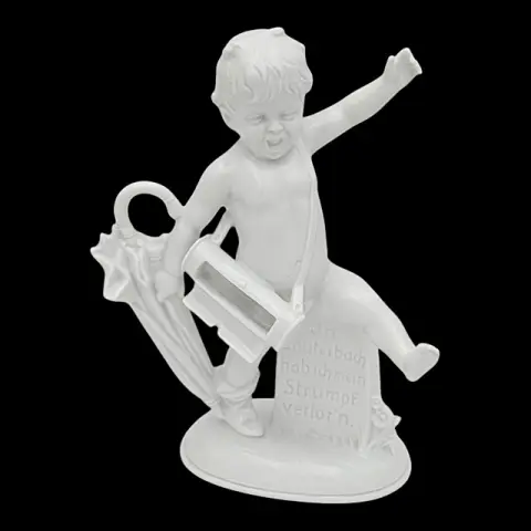 Figurine en porcelaine Sitzendorf avec banderole « In Lauterbach hab ich mein Strumpf verloren »