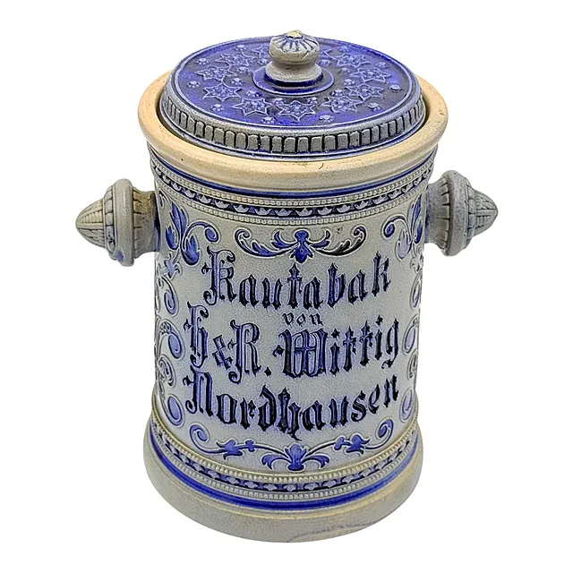 Barattolo per tabacco da masticare H. & R. Wittig Nordhausen, gres di Westerwald, Gebr. Jung Höhr, circa 1900