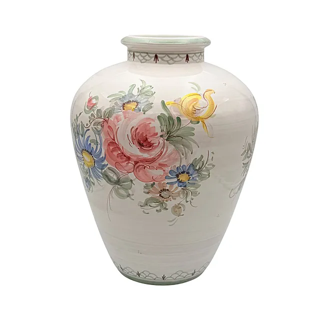 Vase de sol Ulmer Keramik, peinte à la main, bouquet floral et bordures en écailles, marque estampée, vers 1960