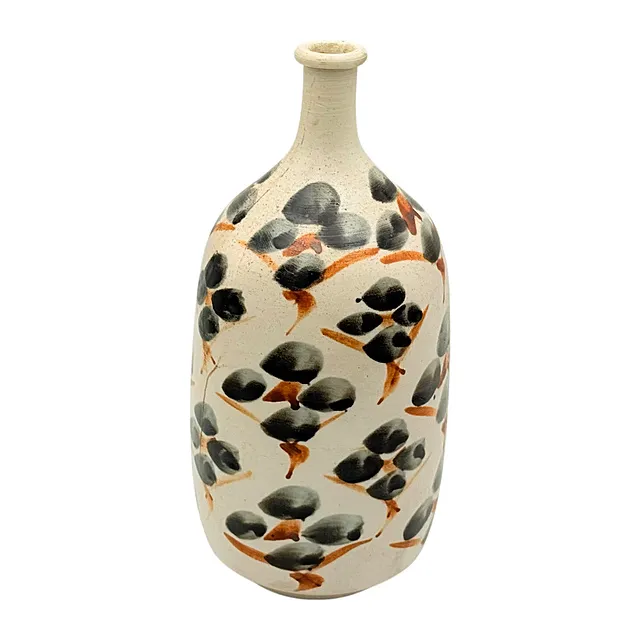 Vase bouteille, décor floral abstrait gris-noir et orange rouge, céramique, marque pressée