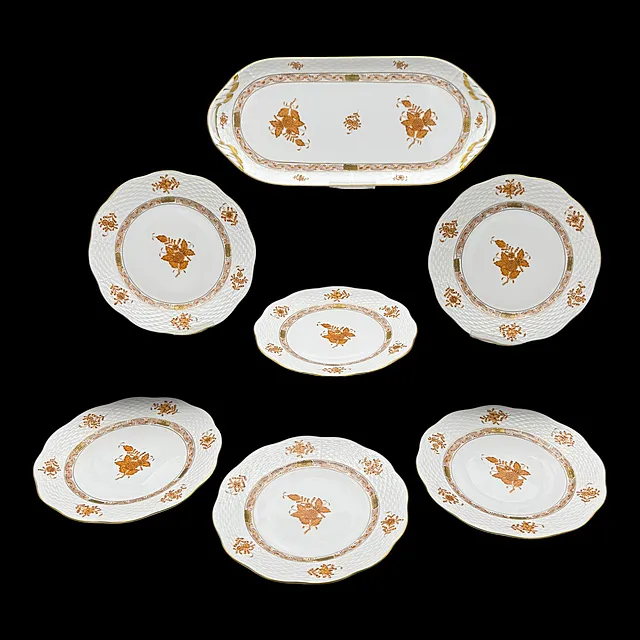 طبق كيك هيريند وستة أطباق، زخرفة Apponyi Orange، Chinesisches Bouquet