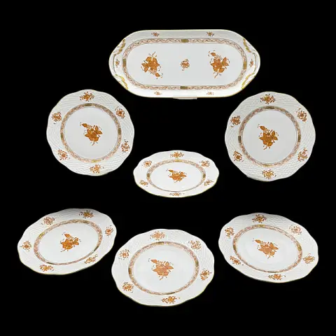 طبق كيك هيريند وستة أطباق، زخرفة Apponyi Orange، Chinesisches Bouquet