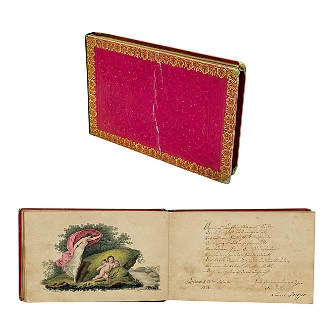 Biedermeier-Poesiealbum, Potsdam, mit kolorierter Druckgrafik, Prägebild und Goldschnitt, ab 1836