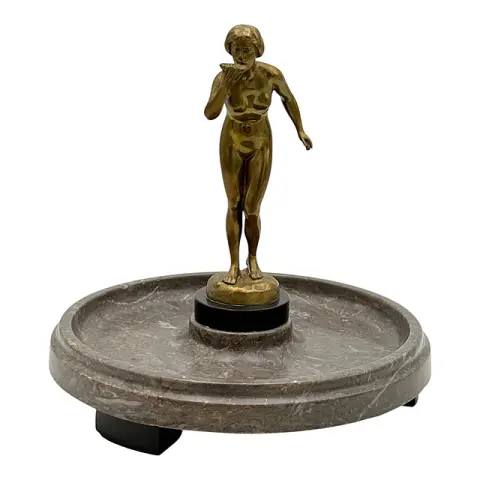 H. Rieder, bordopsats, stenskål med bronzefigur, kvindelig akt dame med musling, formentlig omkring 1900