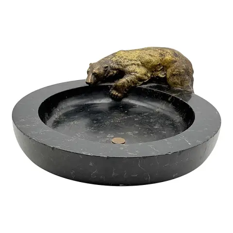 Vassoio portabiglietti da visita con orso polare, bronzo, patinato, coppa rotonda in marmo nero, marcato „M”
