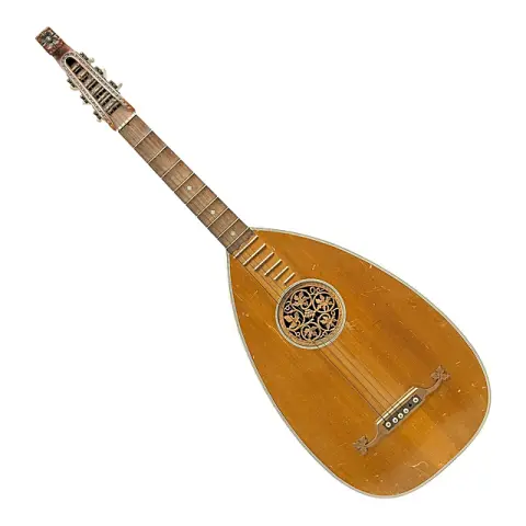 Oymalı rozetli gitar lavta, Walter Wild Markneukirchen, taşıma kayışlı