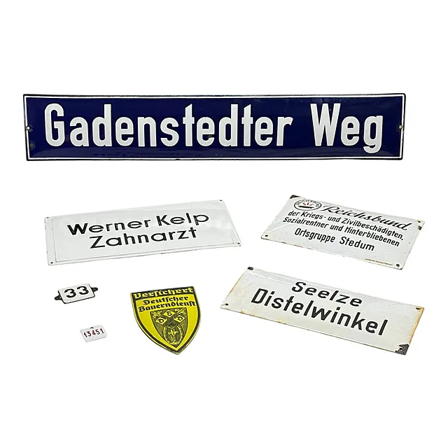 Lotto di sette targhe smaltate, targa stradale „Gadenstedter Weg”, targa da dentista, Reichsbund
