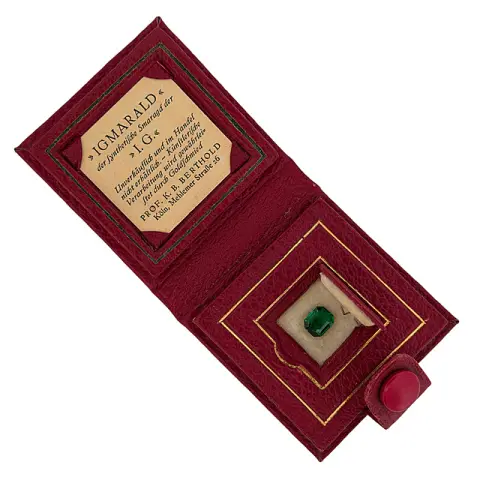 I.G. Farben، «Igmerald»، زمرد صناعي بقطع الزمرد، علبة دعائية، على الأرجح 1935 إلى 1942