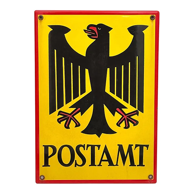 Targa smaltata „POSTAMT” della Deutsche Bundespost, aquila nera su fondo giallo, targa ufficiale