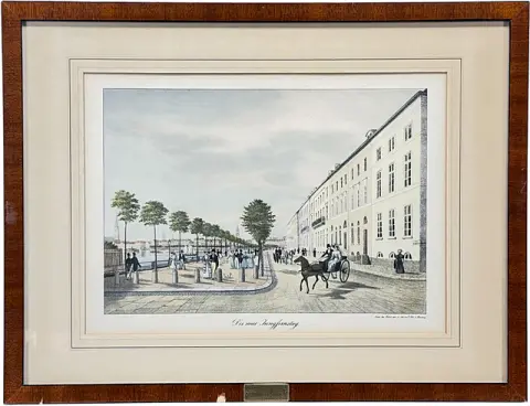 »Der neue Jungfernstieg«, Hamborg byprospekt ved Binnenalster, reproduktion, firmaplakette