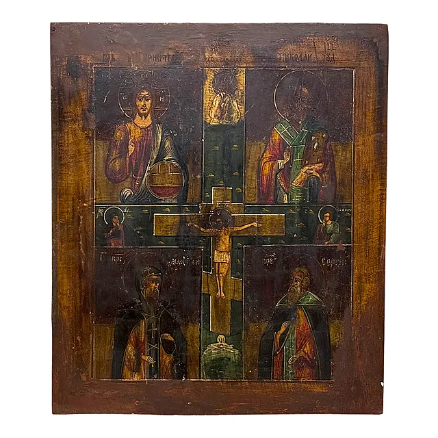 Firefelt-ikon, korsfæstelse, Pantokrator, Nikolaus og formentlig Sergij af Radonesj, Rusland, 1800-tallet