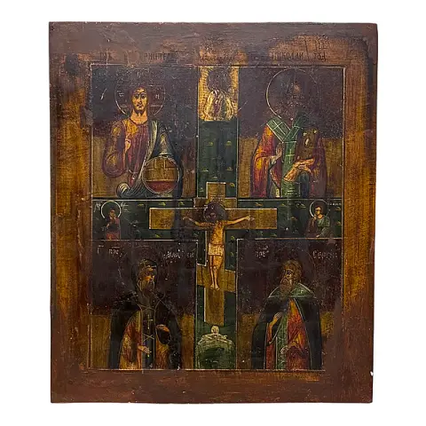 Firefelt-ikon, korsfæstelse, Pantokrator, Nikolaus og formentlig Sergij af Radonesj, Rusland, 1800-tallet