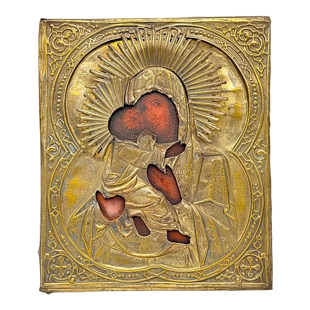 Icono de la Madre de Dios de Vladímir (Vladímirskaya), Eleousa, oklad de latón, Rusia, probablemente siglo XIX