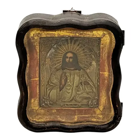Icona da viaggio con Cristo Pantocratore, riza, in kiot curvato dietro vetro, Russia, probabilmente XIX secolo