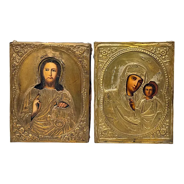 Dvije ikone s Pantokratorom i Kazanskom Bogorodicom, oklad, Rusija, vjerojatno 19. st.