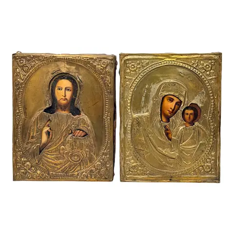Due icone con Pantocratore e Madre di Dio di Kazan, oklad, Russia, probabilmente XIX sec.
