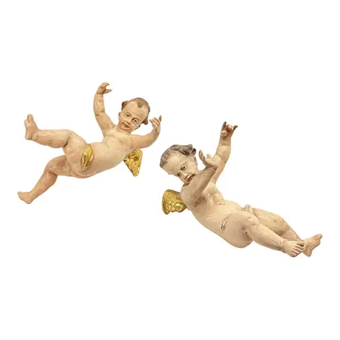 Due angeli in volo, putti con ali dorate, legno, policromo, stile barocco, XX sec.