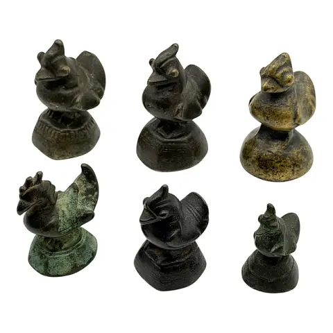 Sei pesi per oppio, uccelli Hintha e Karaweik, bronzo, pesi da mercato, probabilmente Thailandia/Birmania