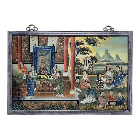 Pittura cinese sotto vetro, studioso con libri in casa e giardino davanti a paesaggio montano, XX sec.