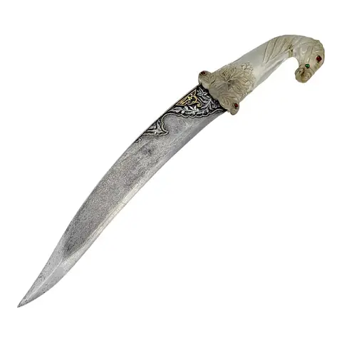 Pugnale indiano Khanjar con manico a testa di cavallo in vetro, decorazione con pietre preziose, lama in damasco, XX sec.