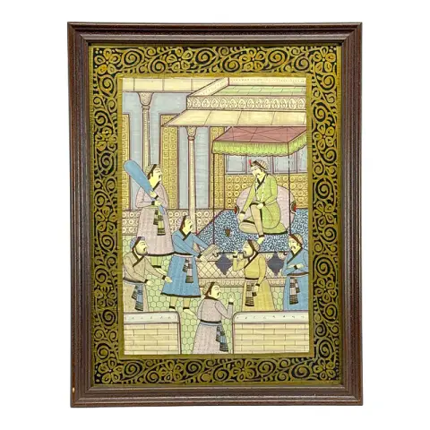 Pittura indiana in stile Mughal, scena di palazzo con più figure, probabilmente XX sec.