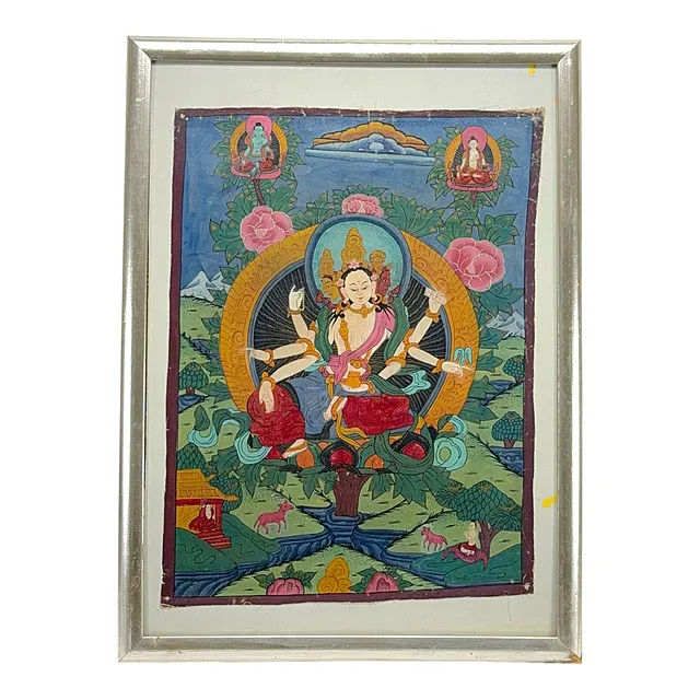 Thangka mit dreigesichtiger, sechsarmiger weißer Gottheit auf Lotosthron, Rollbild, 20. Jh.