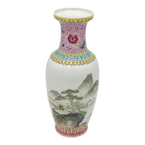 Vaso a balaustro con paesaggio montano e fluviale, famille rose, Cina, XX sec.
