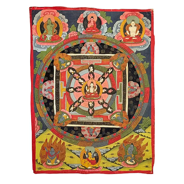 Thangka mandala con Avalokiteshvara a quattro braccia, dipinto buddista su rotolo dall'Himalaya