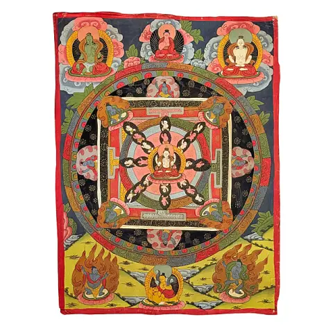 Thangka mandala con Avalokiteshvara a quattro braccia, dipinto buddista su rotolo dall'Himalaya