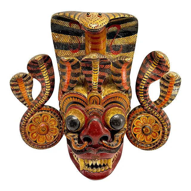 Maschera Naga Raksha, maschera demoniaca con corona di cobra e grande cobra, legno, dipinta, Sri Lanka