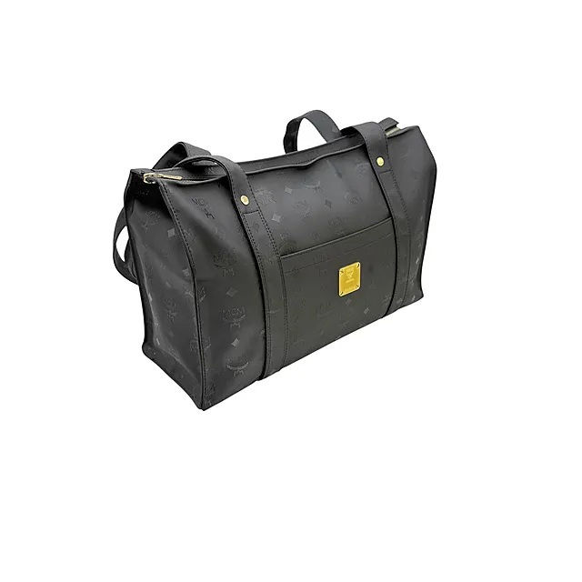 MCM München borsa da donna in nylon nero con monogramma all-over e placca, „Made in Germany”