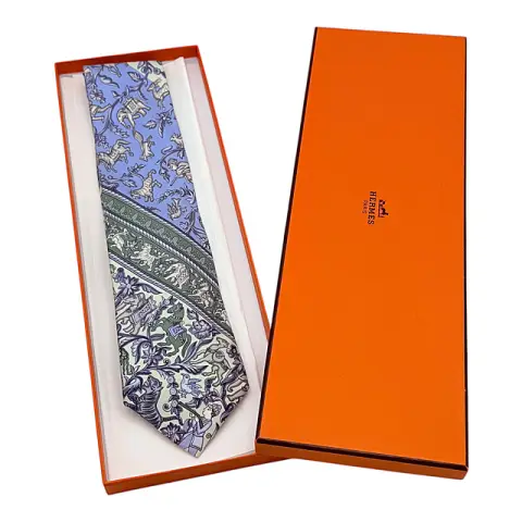 Hermès Paris, шовкова краватка з тваринами та лозами, слони, тигри та мисливці, з оригінальною коробкою