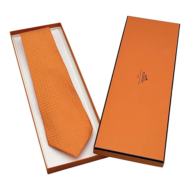Hermès Paris,橙色真丝领带,编织小"H"图案,附原装盒