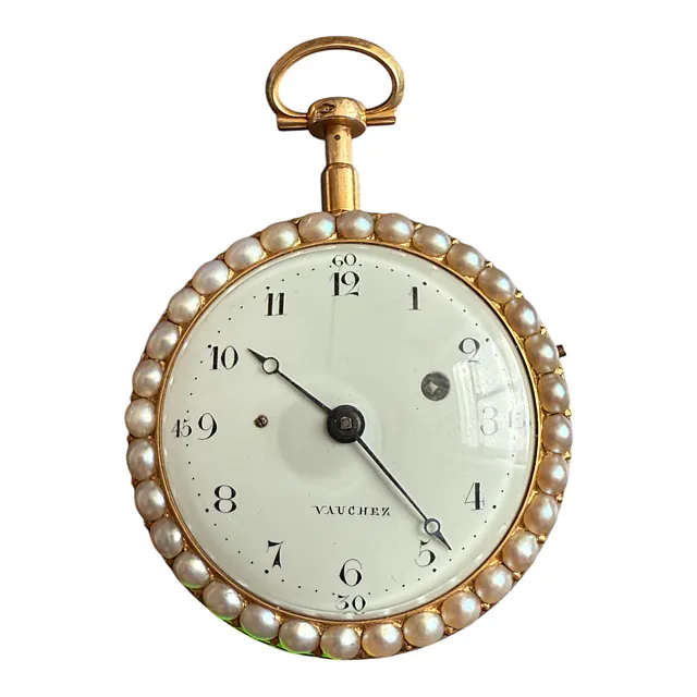 Vauchez à Paris Damen-Spindeltaschenuhr mit Repetition à toc, Gold, Emaille und Perlen, wohl um 1800