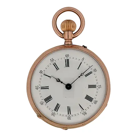 Lépine dameszakhorloge, 585 geelgoud, guilloché achterdeksel met bloemen en voluten, circa 1900