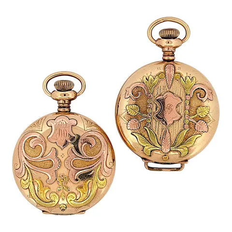 Elgin en Waltham, twee savonnette zakhorloges met meerkleurig gouden reliëf, verguld, VS circa 1900