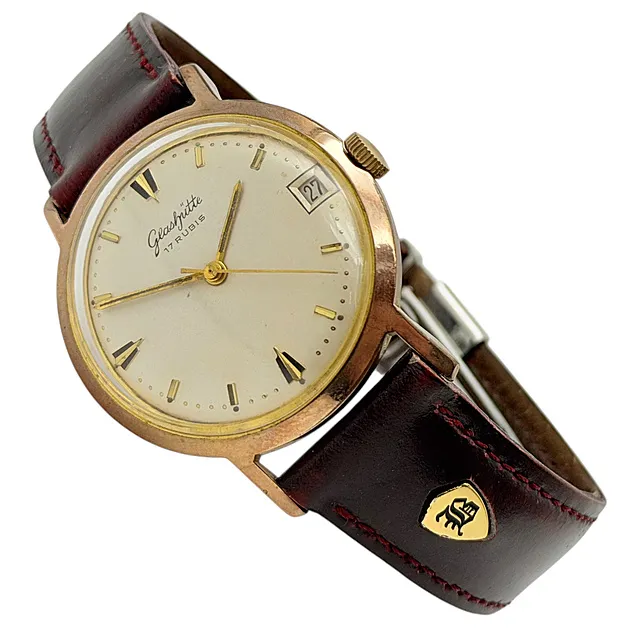 ساعة يد رجالية Glashütte GUB بتعبئة يدوية وتاريخ، مطلي 20 ميكرون، سوار جلد أحمر، حوالي 1965