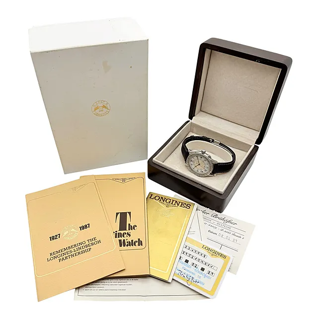 ساعة زاوية الساعة Longines Lindbergh Hour Angle، إصدار تذكاري للرحلة عبر الأطلسي، طقم كامل، 1987