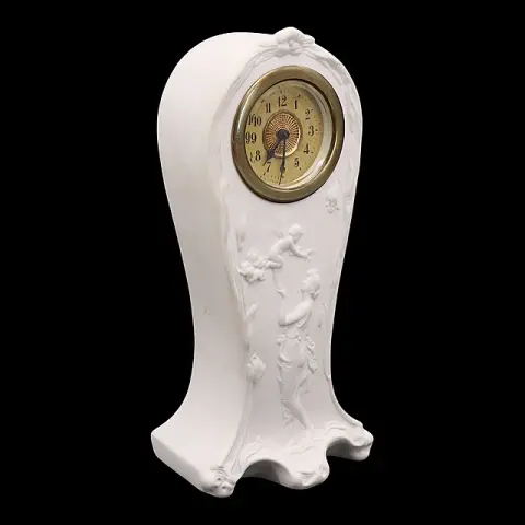 Rudolf Kämmer Volkstedt figuurklok, biscuitporselein met vrouw en engel, jugendstil, eind 20e eeuw