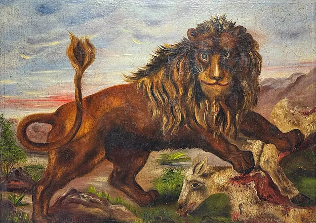 صاحب المونوغرام «CV»، أسد مع فريسته في منظر صخري عند الغروب، لوحة حيوانات، مؤرخة 1753