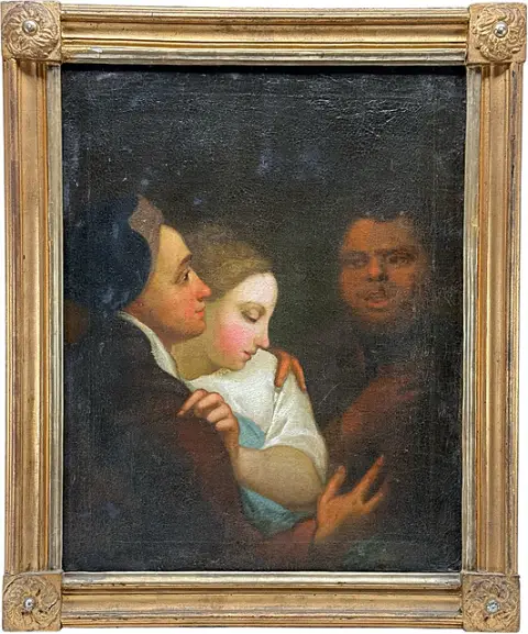 Genreschilder, jong paar met derde figuur, man met blauwe muts voor een jonge vrouw, halffiguren