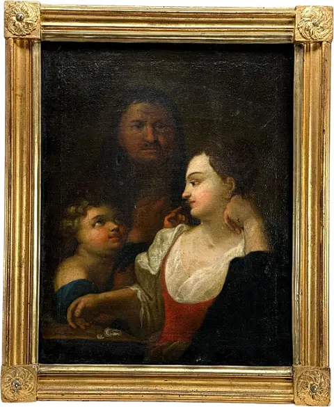 Genreschilder, familieportret met man, vrouw en kind met munten, halffiguren, vermoedelijk 18e/19e eeuw