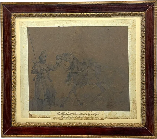 Cosaco con caballo, dibujo de la entrada del general Chernyshov en Hoym en 1813