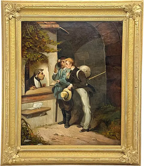 Genreschilder, karikaturale figurenscène, twee jonge mannen aan het loket, reizende gezel, Biedermeier