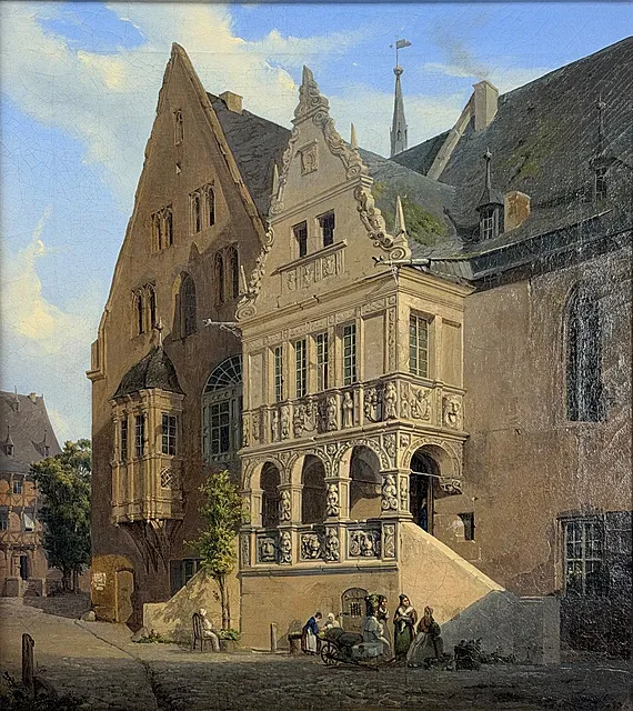 Carl Ferdinand Sprosse, pohled na město Halberstadt s radnicí a podloubím, trhovkyně, 1842