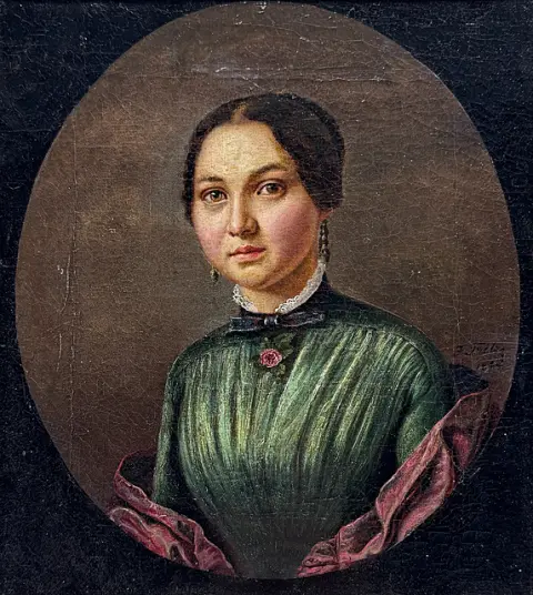 J. Fritz, biedermeierportret van een jonge vrouw in groene jurk met kanten kraag, in ovaal, 1848