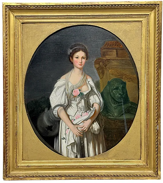 naar Jean-Baptiste Greuze, De gebroken kruik, portret van een jonge vrouw in het wit, ovaal beeldvlak