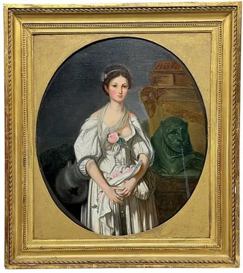 naar Jean-Baptiste Greuze, De gebroken kruik, portret van een jonge vrouw in het wit, ovaal beeldvlak